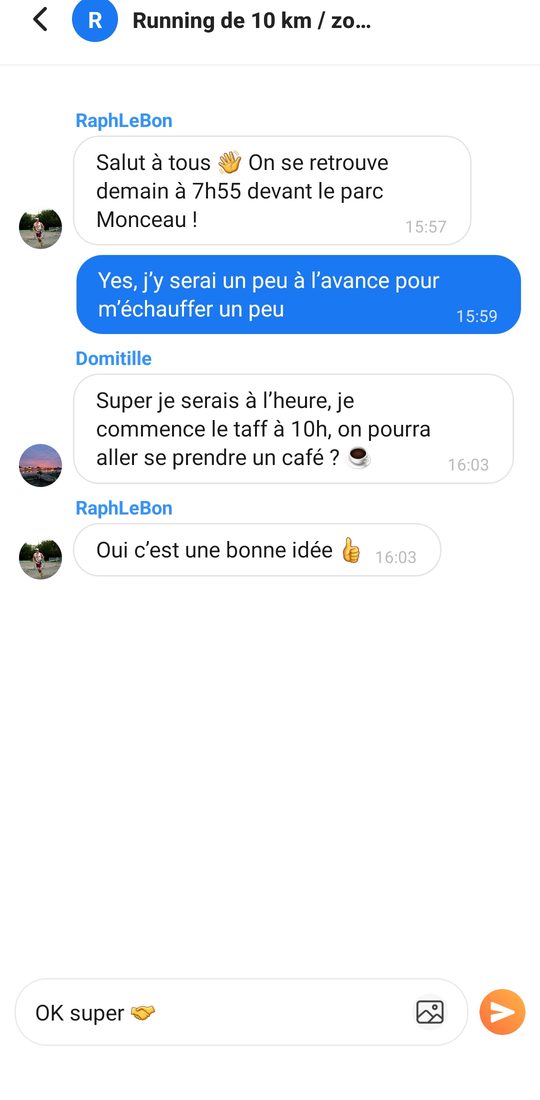 Messagerie de groupe d'une session de running